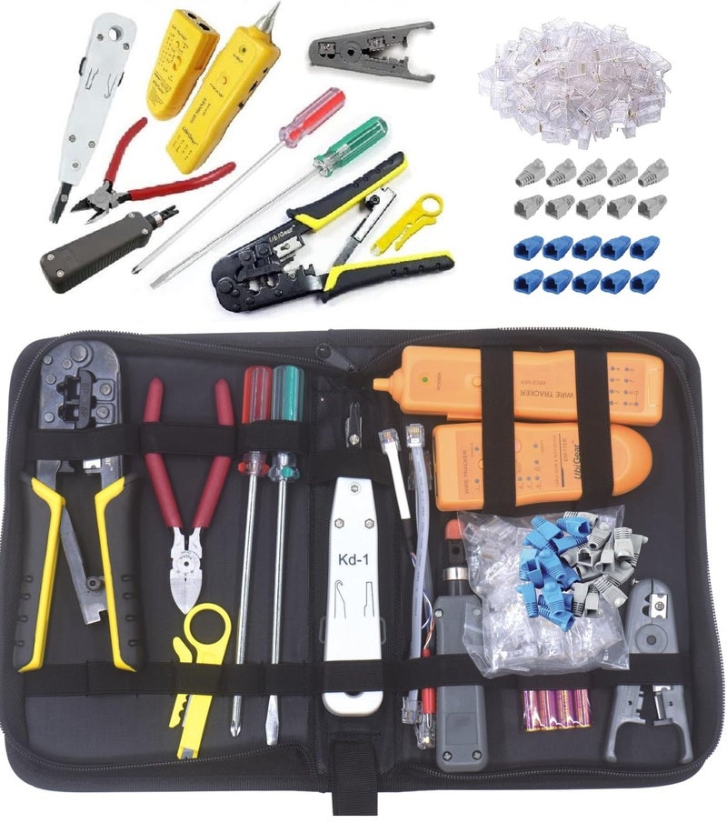 UbiGear Network/Phone Cable Finder/Toner/Probe/Tracer/Tester + RJ11/RJ12/RJ45 Crimp Crimper + 100 Pcs RJ45 CAT5e Connector Plug/Boots Network Tool Kits (PremiumTester) - Image 1